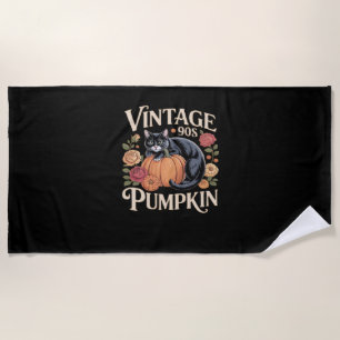 Vintage 90s Cat Pumpkin Halloween Retro Floral Spo Beach Towel