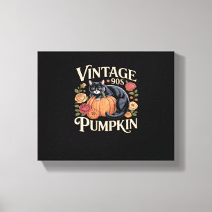 Vintage 90s Cat Pumpkin Halloween Retro Floral Spo Canvas Print