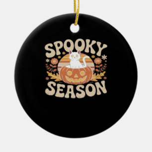 Vintage 90s Cat Pumpkin Halloween Retro Floral Spo Ceramic Tree Decoration