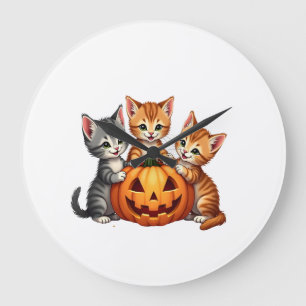 Vintage 90s Cat Pumpkin Halloween Retro Floral Spo Large Clock