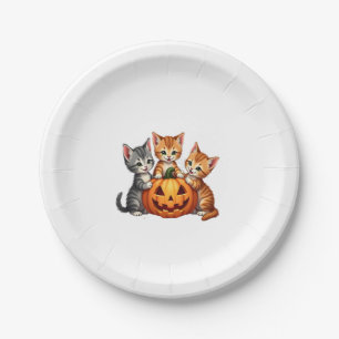 Vintage 90s Cat Pumpkin Halloween Retro Floral Spo Paper Plate