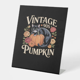 Vintage 90s Cat Pumpkin Halloween Retro Floral Spo Pedestal Sign
