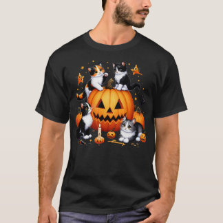 Vintage 90s Cat Pumpkin Halloween Retro Floral Spo T-Shirt