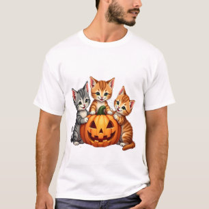 Vintage 90s Cat Pumpkin Halloween Retro Floral Spo T-Shirt