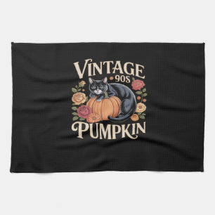 Vintage 90s Cat Pumpkin Halloween Retro Floral Spo Tea Towel