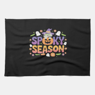 Vintage 90s Cat Pumpkin Halloween Retro Floral Spo Tea Towel