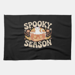 Vintage 90s Cat Pumpkin Halloween Retro Floral Spo Tea Towel