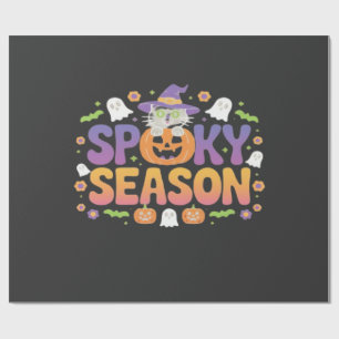 Vintage 90s Cat Pumpkin Halloween Retro Floral Spo Wrapping Paper
