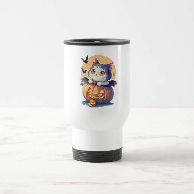 Vintage 90s Cat Pumpkin Halloween Retro Travel Mug (Center)