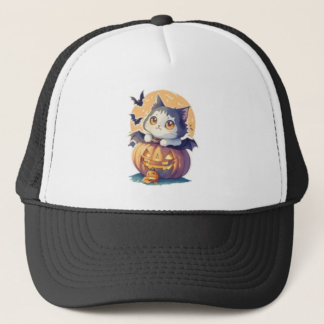 Vintage 90s Cat Pumpkin Halloween Retro Trucker Hat (Front)
