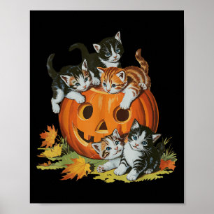 Vintage 90s Cat Pumpkin Halloween Retro Women Soky Poster