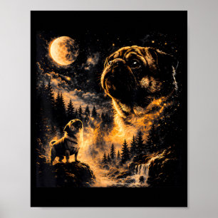 Vintage 90s Pug Howling at The Moon Pug Mum Dog Poster