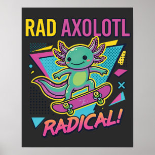 Vintage 90s style Axolotl Skateboard Rad neon Poster