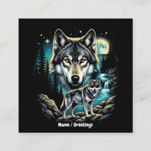 Vintage 90s Wolf Graphic Retro Wilderness Moon Square Business Card