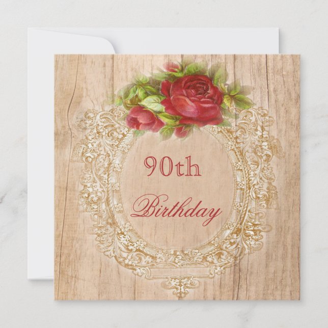 Vintage 90th Birthday Red Rose Wooden Frame Invitation (Front)