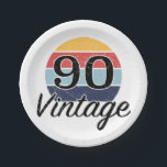 Vintage 90th Birthday Sunset Paper Plate<br><div class="desc">A milestone birthday design with a retro vintage styled colourful sunset that has a faux distressed effect.</div>