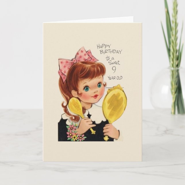 Vintage 9 Year Old Girl Birthday Card (Front)