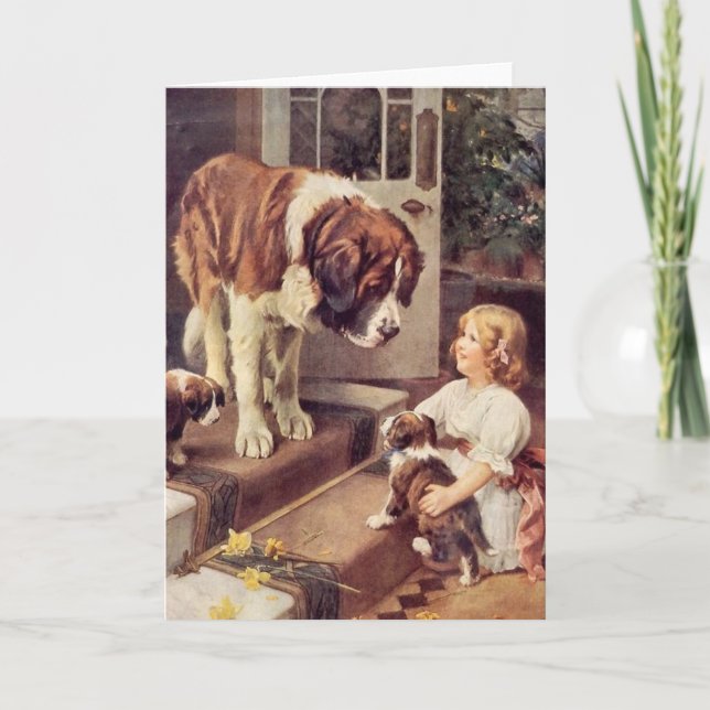Vintage - A Girl & Her Saint Bernard Dogs, Card (Front)