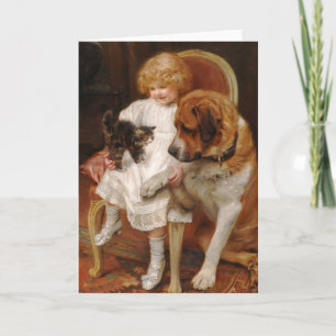 Vintage - A Girl, St. Bernard & A Kitten, Card