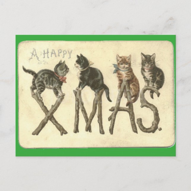 Vintage A Happy Xmas Cat's Christmas Post Card (Front)