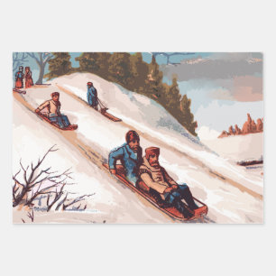 Vintage "A Merry Christmas" Card of Snow Sledders Wrapping Paper Sheet