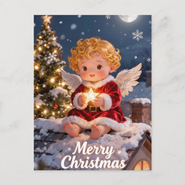 Vintage A Merry Christmas Cute Baby Angel  Postcard (Front)