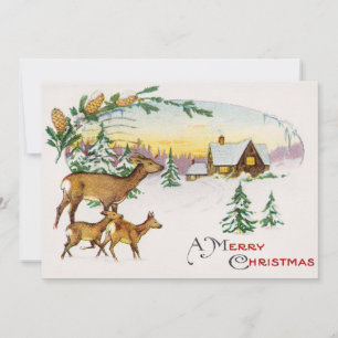 Vintage A Merry Christmas Deer and House in Snow Holiday Card