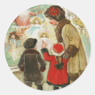 Vintage A Merry Christmas Family Mother and Child Classic Round Sticker