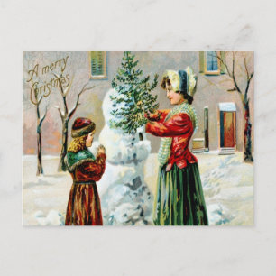 Vintage A Merry Christmas Mother and Daughter  Holiday Postcard