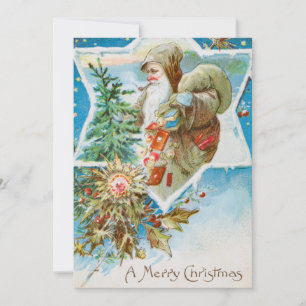Vintage A Merry Christmas Old Man and Tree Holiday Card
