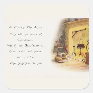 Vintage A Merry Christmas Poem Dog and Fireplace Square Sticker