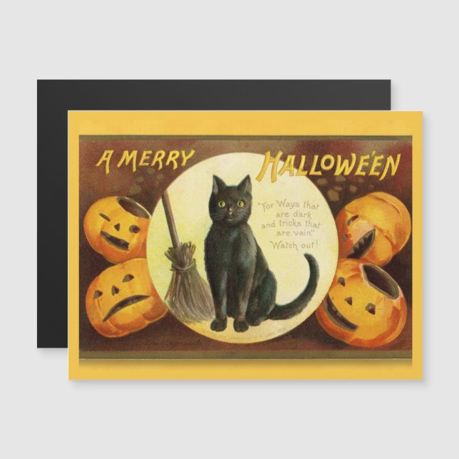 Vintage A Merry Halloween Black Cat Broom (Front/Back)