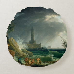 Vintage A Storm on a Mediterranean Coast Round Cushion