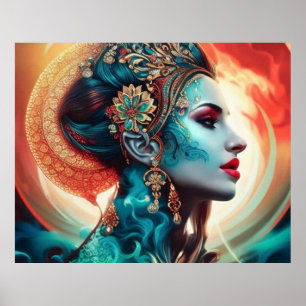 Vintage abstract beautiful teal red gold woman 1 poster