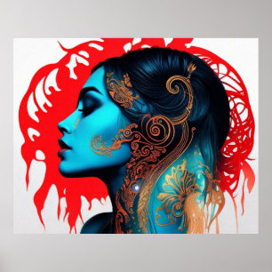 Vintage abstract beautiful teal red gold woman 2  poster