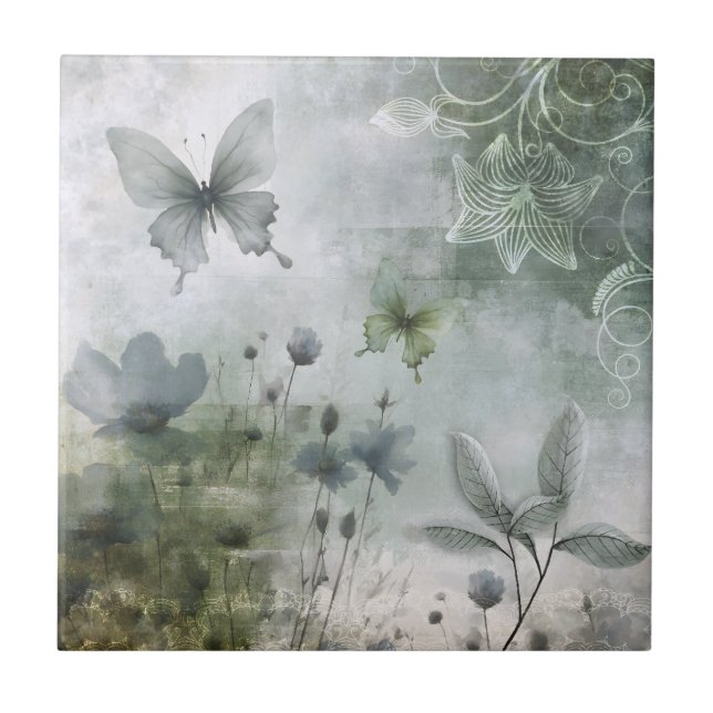 Vintage Abstract Butterflies Flowers Design 401 Tile (Front)