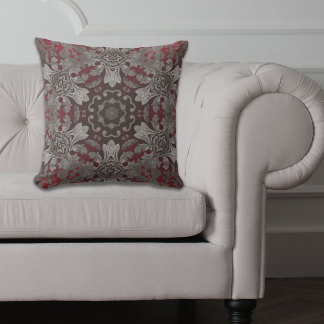 vintage abstract damask pattern silver burgandy cushion (vintage abstract damask pattern silver burgandy outdoor pillow)