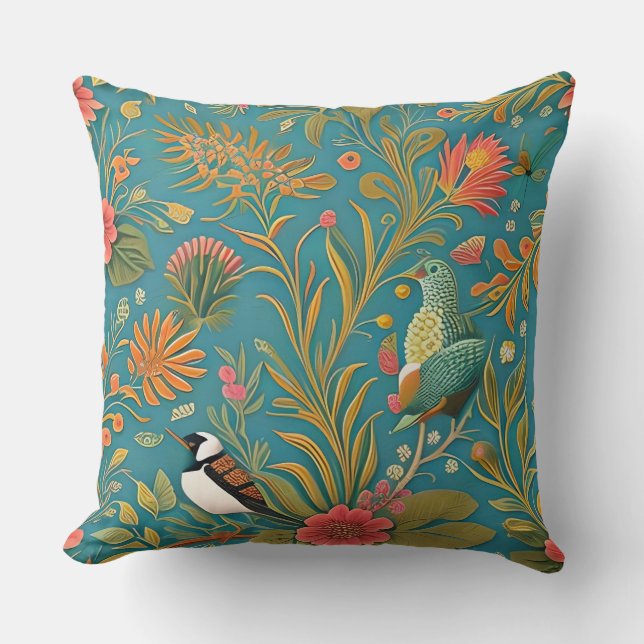 Vintage Abstract Floral Botanical & Bird Pattern Cushion (Front)