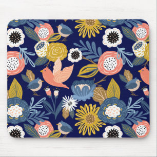 Vintage Abstract Floral Botanical & Bird Pattern Mouse Mat
