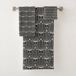 Vintage Abstract Floral in Black and White Pattern Bath Towel Set