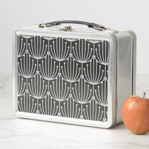 Vintage Abstract Floral in Black and White Pattern Metal Lunch Box