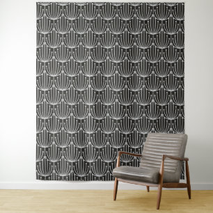 Vintage Abstract Floral in Black and White Pattern Tapestry