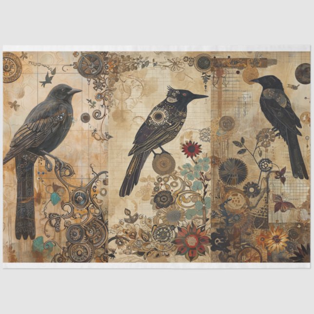 Vintage Abstract Grunge Birds Decoupage Tissue Paper (Front)