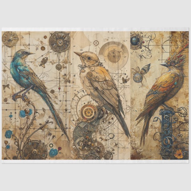 Vintage Abstract Grunge Birds Decoupage Tissue Paper (Front)