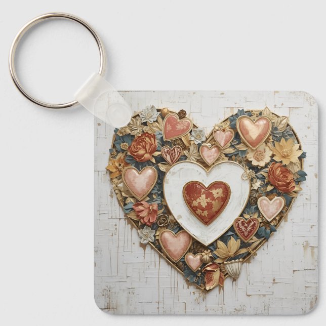 Vintage Abstract Hearts - Aluminum Keychain (Front)