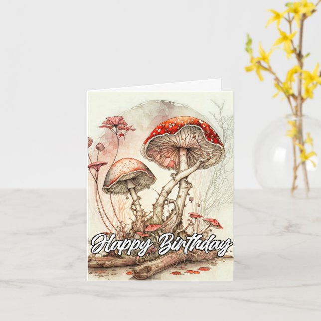 Vintage Abstract Mushroom Illustration Birthday Card (Yellow Flower)
