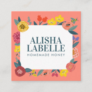 Vintage Abstract Wildflower Foliage & Bees Pattern Square Business Card