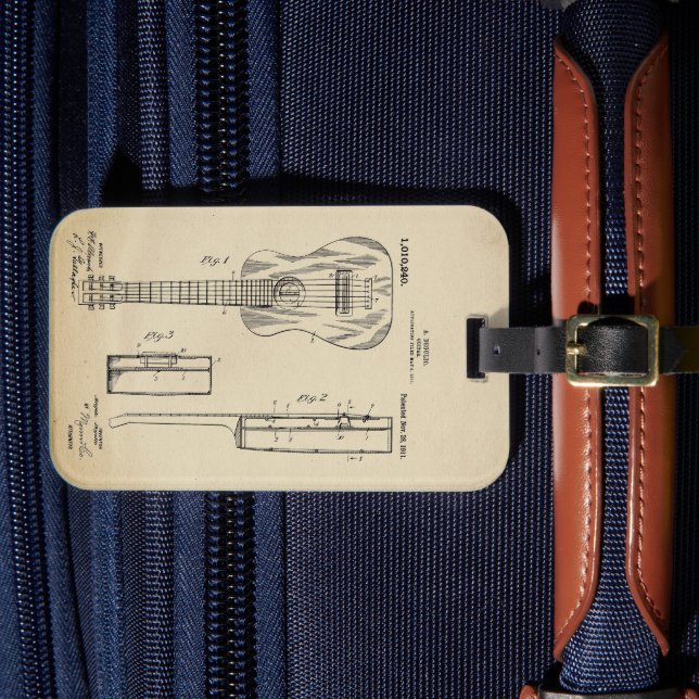 Vintage Acoustic Guitar Patent Luggage Tag (Front Insitu 4)