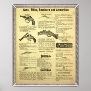 Vintage ad guns, rifles, revolvers and ammunition poster