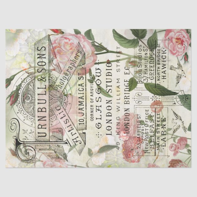 Vintage  Ad & Roses Bouquet Ephemera Decoupage Tissue Paper (Front)